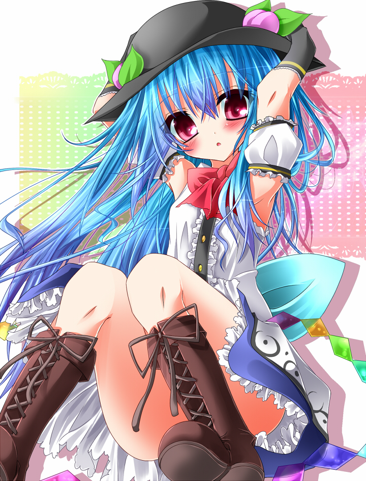 armpits ascot bad_id bad_pixiv_id black_gloves blue_hair blue_skirt blush boots censored convenient_censoring cross-laced_footwear detached_sleeves food fruit gloves hand_on_headwear hat hinanawi_tenshi long_hair open_mouth peach red_eyes sitting skirt solo tetsu_tissue touhou upskirt