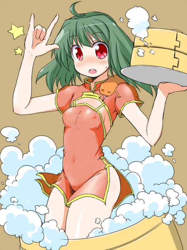 :o \m/ ahoge bamboo_steamer blush china_dress chinese_clothes dress flat_chest green_hair macross macross_frontier naitou_kouse navel nipples open_mouth plate ranka_lee red_eyes solo star steam teeth