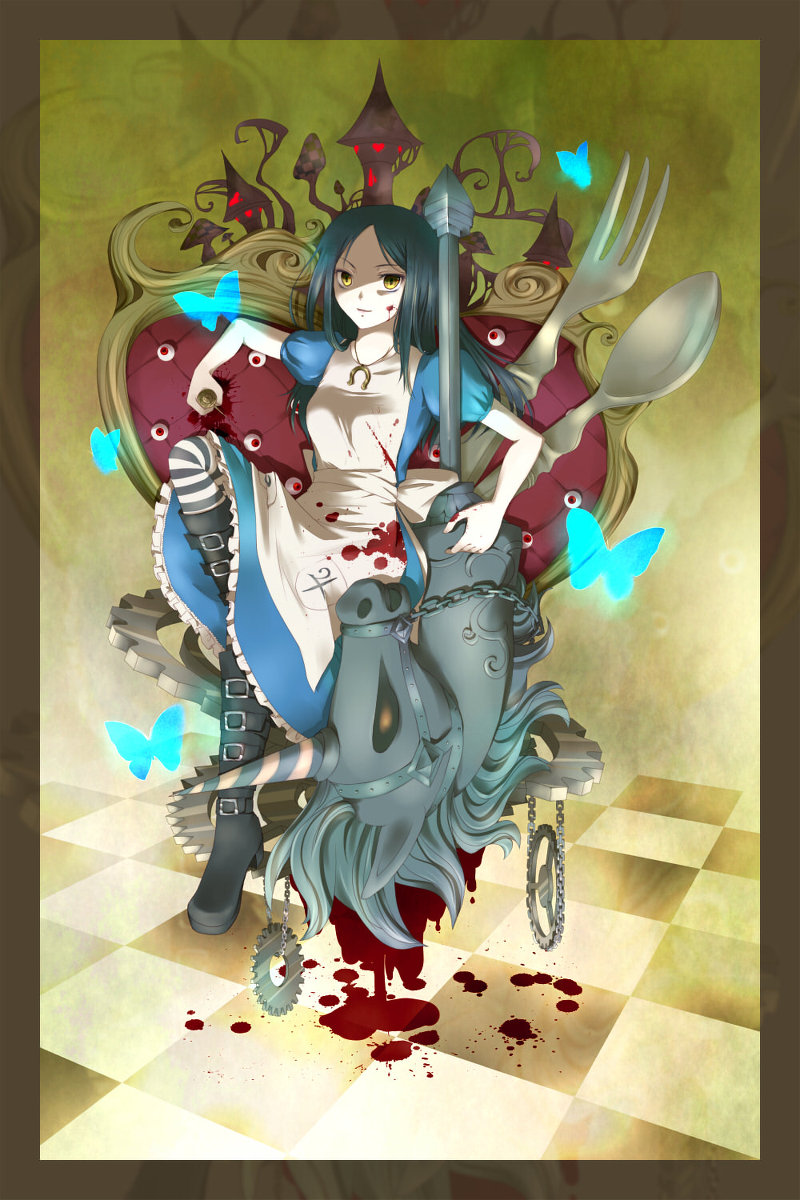 alice:_madness_returns alice_(character) alice_(wonderland) alice_in_wonderland alice_liddell american_mcgee's_alice american_mcgee's_alice apron blood brown_hair dress gear gears green_eyes highres hobby_horse weapon