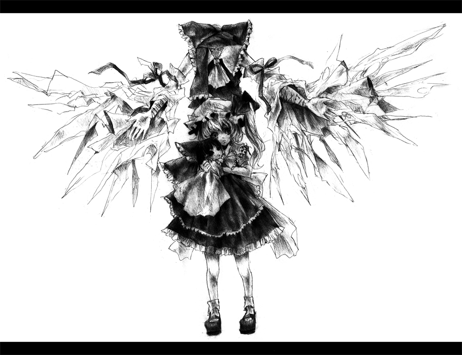 ascot bad_id bad_pixiv_id decapitation detached_sleeves doll empty_eyes flandre_scarlet greyscale hakurei_reimu hat headless horror_(theme) lastdark letterboxed monochrome multiple_girls ponytail sad scar side_ponytail simple_background standing torn_clothes touhou