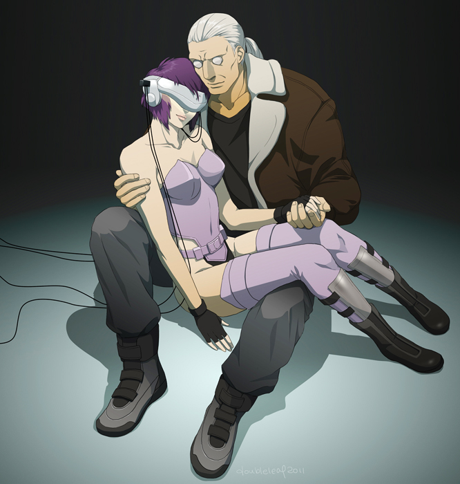 1girl batou breasts cable cleavage cyberpunk cyborg gb_(doubleleaf) ghost_in_the_shell ghost_in_the_shell_stand_alone_complex holding_hands jacket kusanagi_motoko leotard medium_breasts ponytail purple_hair purple_leotard short_hair sitting sitting_on_lap sitting_on_person thighhighs vr_visor