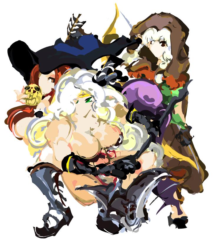 amazon_(dragon's_crown) arrow boots bow_(weapon) breasts brown_eyes brown_hair circlet cloak dragon's_crown elf_(dragon's_crown) feathers gloves green_eyes halberd hat hood keykey117117 large_breasts multiple_girls muscle polearm sorceress_(dragon's_crown) weapon witch_hat
