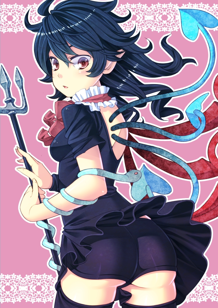 ass backless_dress backless_outfit bad_id bad_pixiv_id black_hair dress houjuu_nue looking_back ogino_(oginogino) panties pointy_ears polearm red_eyes solo surprised thighhighs touhou trident underwear upskirt weapon