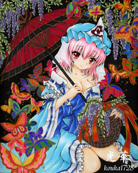 breasts bug butterfly chirori cleavage flower ghost hat insect japanese_clothes marker_(medium) medium_breasts oriental_umbrella pink_hair red_eyes saigyouji_yuyuko solo touhou traditional_media triangular_headpiece umbrella