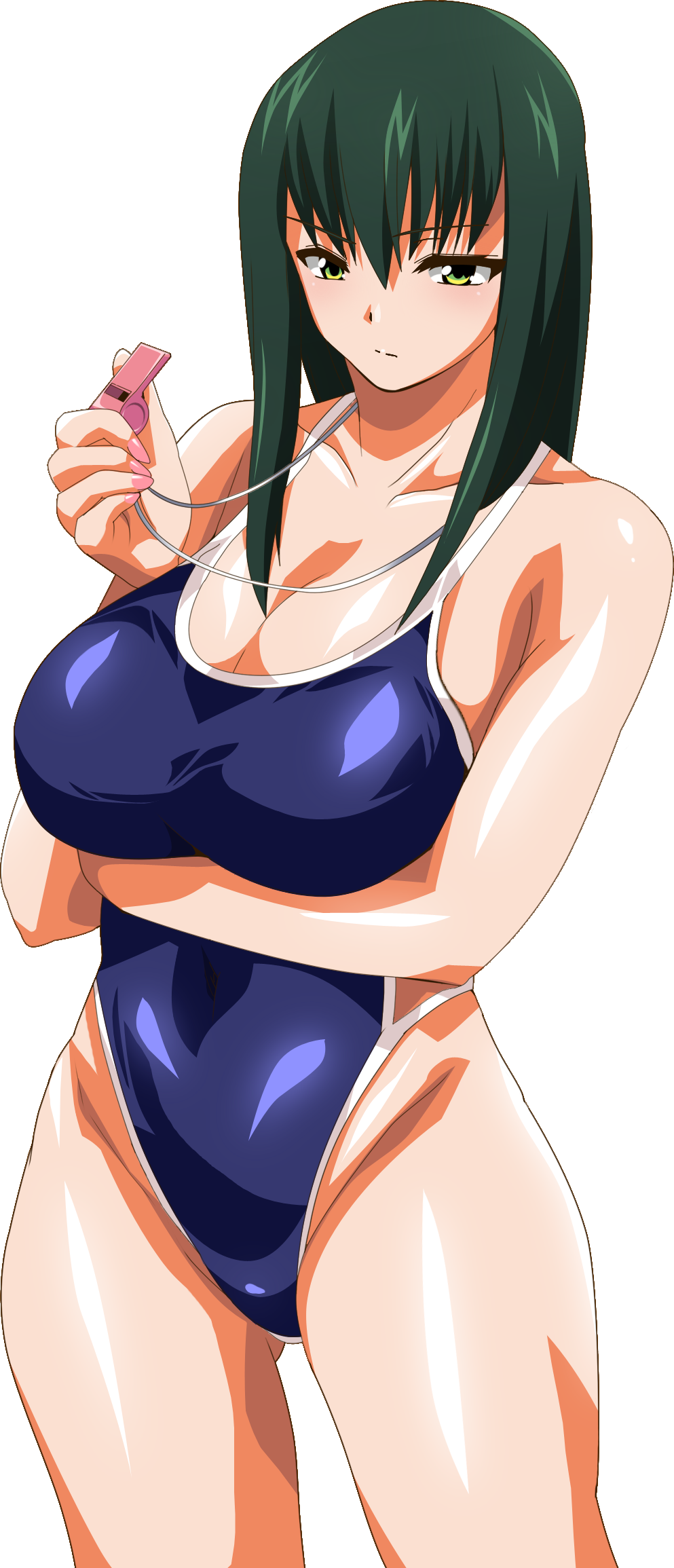 breasts character_request cleavage green_eyes green_hair highres large_breasts oyu_no_kaori simple_background solo swimsuit whistle