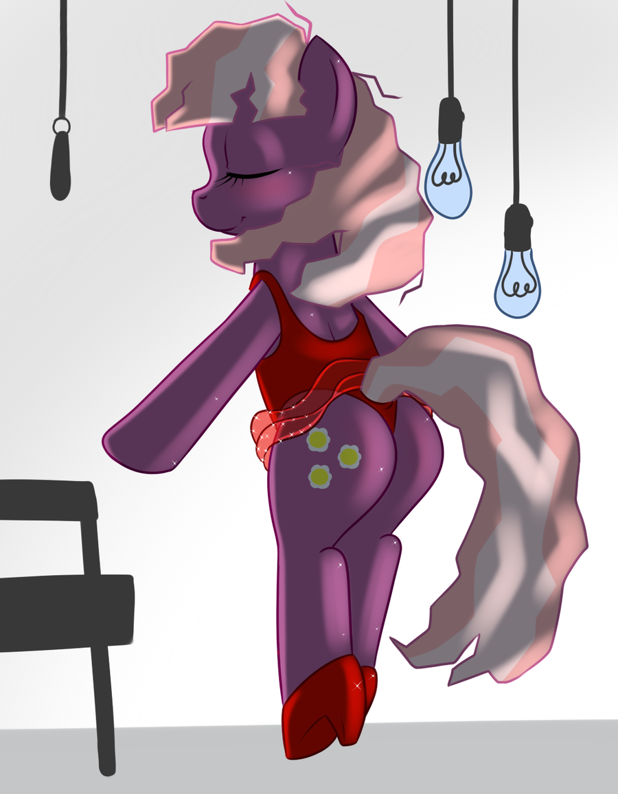 anthrofied back_turned butt chair cheerilee_(mlp) clothed clothing cutie_mark dress equine eyes_closed female friendship_is_magic fur hair half-dressed horse kloudmutt lightbulb mammal my_little_pony pony purple_fur shoes simple_background smile solo two_tone_hair