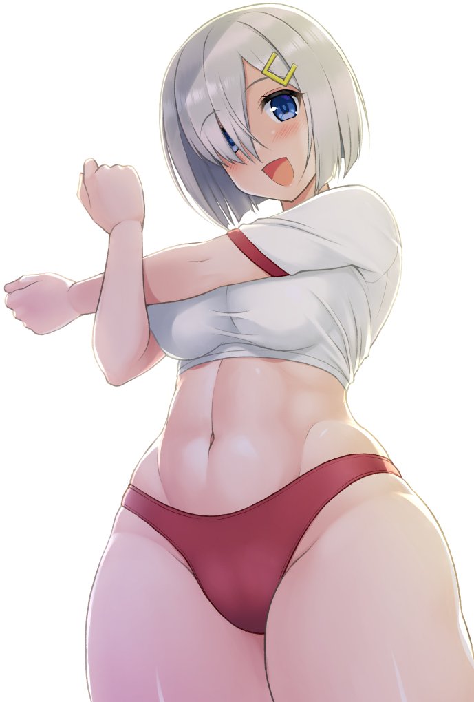 1girl abs bloomers blue_eyes blush breasts crossed_arms from_below hair_ornament hair_over_one_eyes hairclip hamakaze_(kantai_collection) hormone_koijirou impossible_clothes kantai_collection large_breasts looking_at_viewer looking_down navel open_mouth panties red_panties shiny shiny_hair shiny_skin shirt short_hair short_sleeves silver_hair simple_background skindentation solo underwear white_background white_shirt