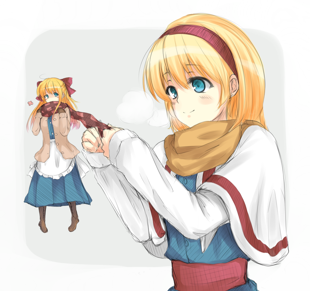 akisa alice_margatroid bad_id bad_pixiv_id blonde_hair blue_eyes bow capelet coat doll dress hair_bow hairband long_hair matching_shanghai scarf shanghai_doll simple_background smile solo touhou upper_body