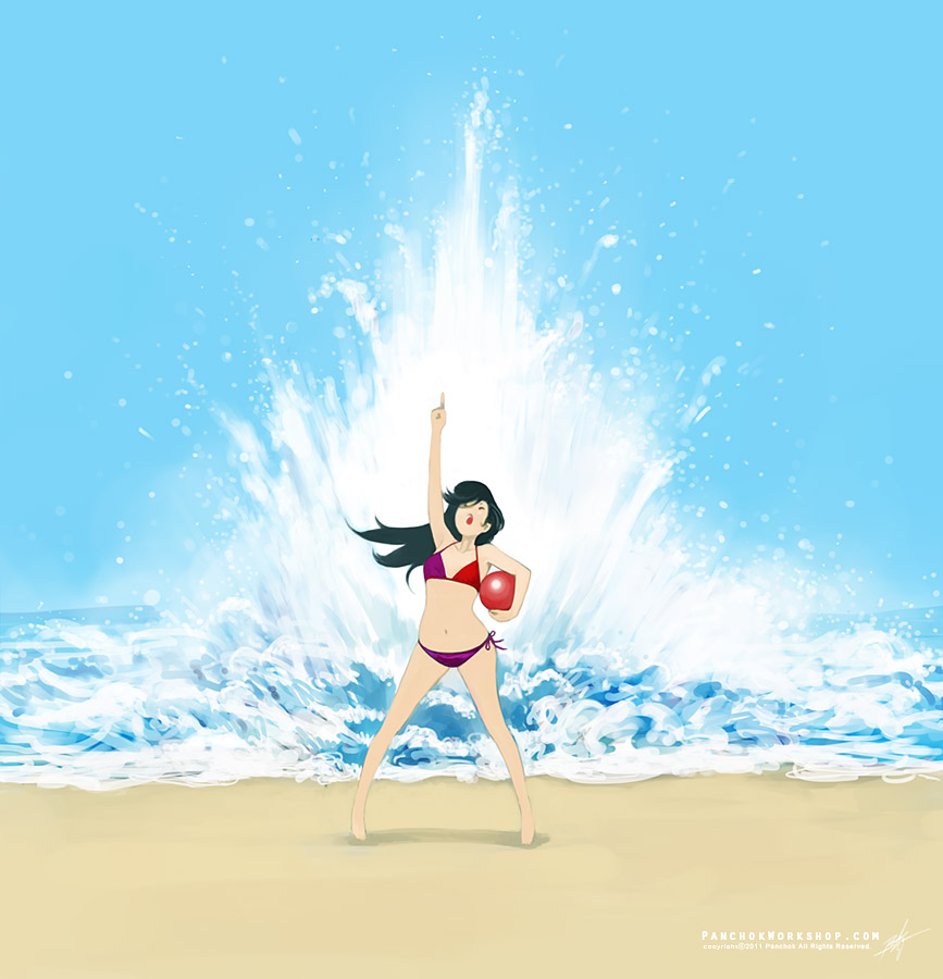 ball beach beachball bikini black_hair closed_eyes day long_hair navel ocean open_mouth original panchok pointing side-tie_bikini solo swimsuit waves