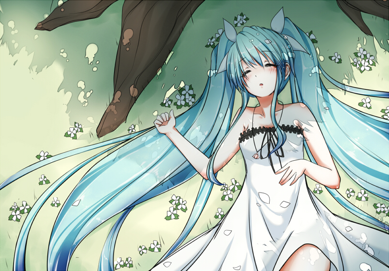 aqua_hair bad_id bad_pixiv_id bare_shoulders closed_eyes dress hatsune_miku jewelry long_hair lying necklace petals sei000 solo strapless strapless_dress twintails very_long_hair vocaloid