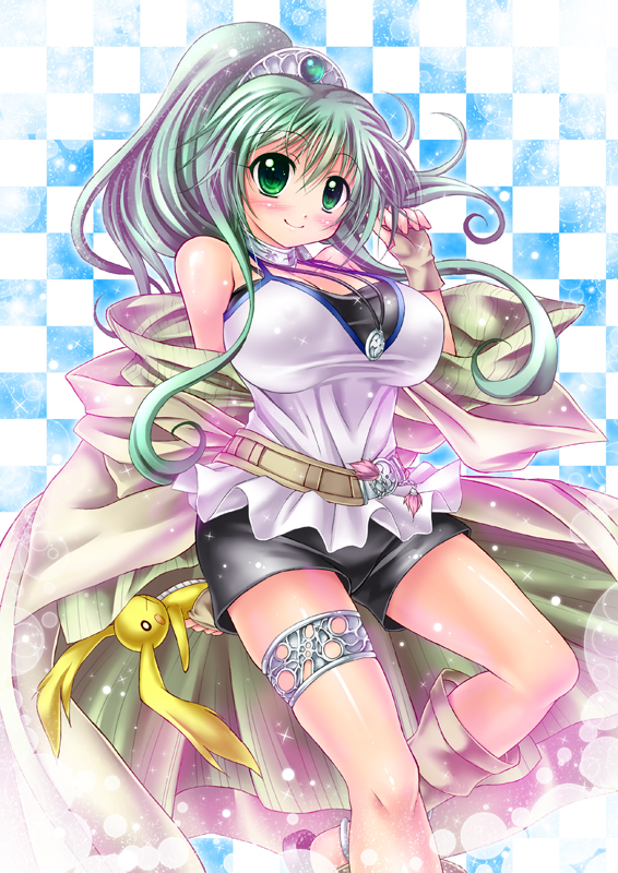 bare_shoulders blouse blush breasts checkered checkered_background choker crown duel_monster fingerless_gloves gloves green_eyes green_hair jacket jewelry kogarashi_(wind_of_winter) large_breasts long_hair pendant ponytail smile solo tiara winda_priestess_of_gusto yuu-gi-ou yuu-gi-ou_duel_monsters