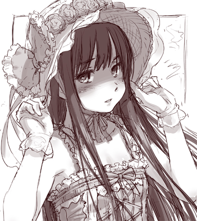 copyright_request dress face frills gloves hands hat long_hair lowres monochrome naruko_hanaharu sketch solo