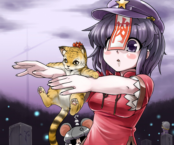 :&lt; anger_vein angry animal_ears blush breasts commentary_request expressive_clothes face foreshortening hands hat jitome maribel_hearn medium_breasts miyako_yoshika mouse_ears multiple_girls nazrin ofuda open_mouth outstretched_arms pale_skin phenne purple_eyes purple_hair saliva short_hair star staring tail tiger toramaru_shou toramaru_shou_(tiger) touhou veins yellow_eyes you_gonna_get_eaten zombie_pose