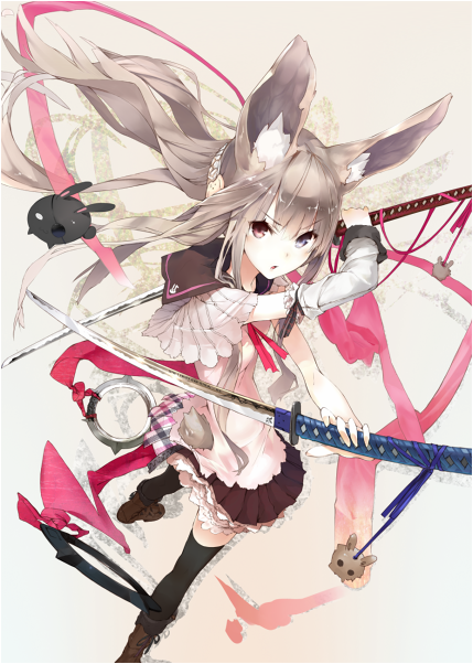 :o animal_ears black_legwear boots bunny_ears chakram copyright_request detached_sleeves dual_wielding from_above grey_hair heterochromia holding katana light_brown_hair looking_at_viewer nil perspective ribbon solo sword tail thighhighs v-shaped_eyebrows weapon x_arms