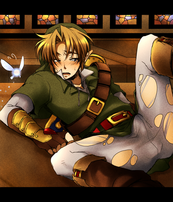 belt blonde_hair blue_eyes blush boots bulge erection fairy fingerless_gloves gloves hat link male male_focus navi nintendo penis pointy_ears shima_(alco) tears the_legend_of_zelda torn_clothes tunic you_gonna_get_raped