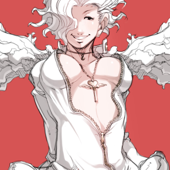 angel_(kof) angel_wings breasts falcoon grin hair_over_one_eye jacket jewelry large_breasts necklace open_clothes open_jacket short_hair smile solo the_king_of_fighters underboob white_hair wings