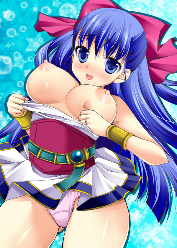blue_eyes blue_hair blush bow bracelet breasts breasts_outside dragon_quest dragon_quest_v flora hair_bow half_updo jewelry large_breasts long_hair nipples panties pink_bow ring sakura_hanatsumi skirt solo underwear