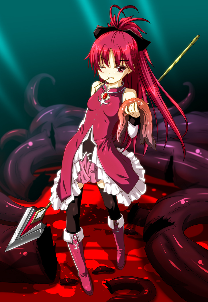 blood food fumihiro grin long_hair mahou_shoujo_madoka_magica mouth_hold one_eye_closed pocky polearm red_eyes red_hair sakura_kyouko smile solo spear tentacles thighhighs weapon