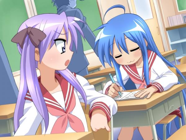 2girls :3 blue_hair classroom desk eyes_closed game_cg hiiragi_kagami izumi_konata lucky_star multiple_girls pencil purple_hair raki_kosu school_uniform serafuku