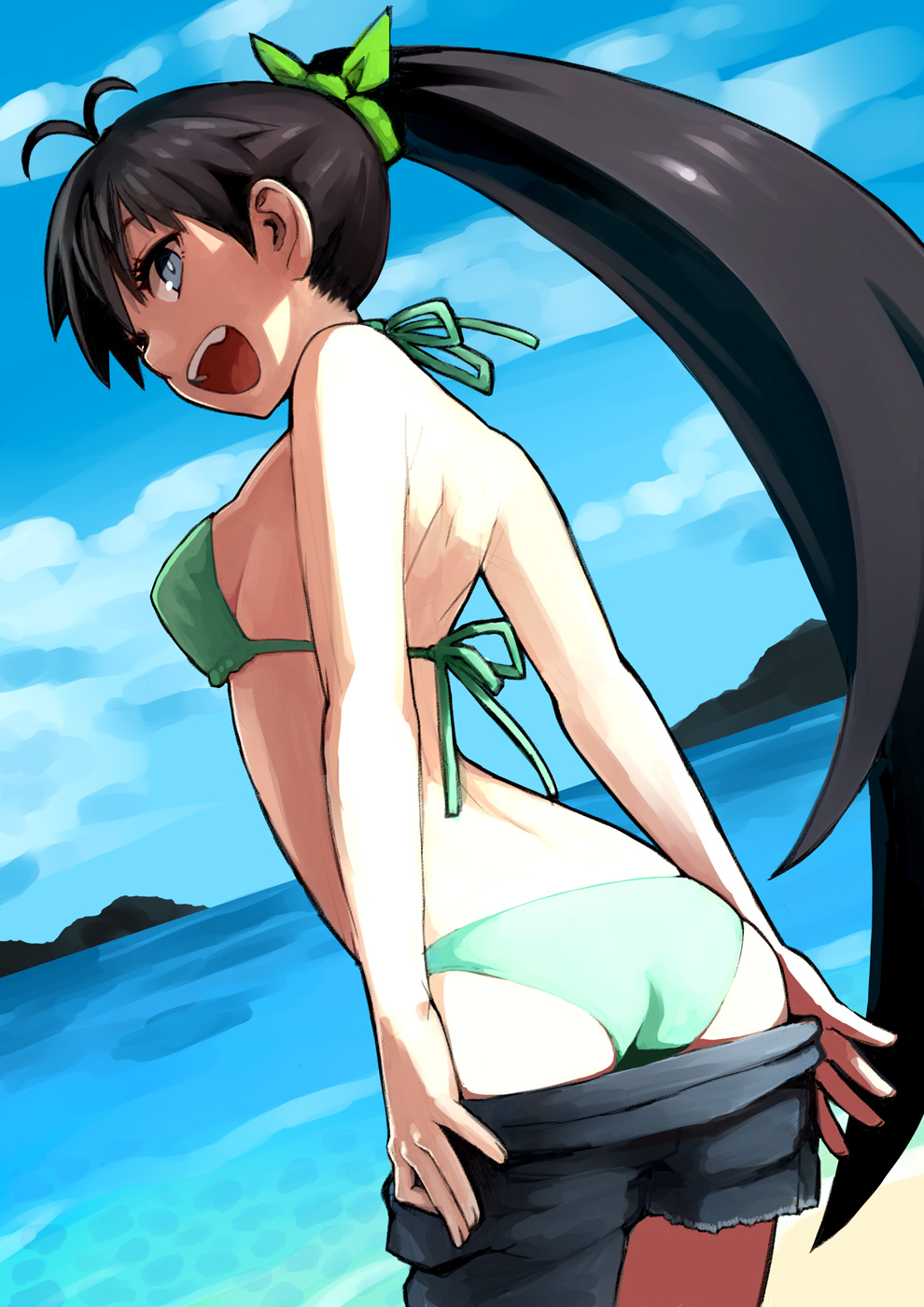 :d ass back bare_shoulders bikini black_hair blue_eyes blue_sky bow cloud day ganaha_hibiki hair_bow high_ponytail highres idolmaster idolmaster_(classic) long_hair looking_back open_mouth outdoors ponytail shorts sky smile solo swimsuit undressing very_long_hair water yu_65026
