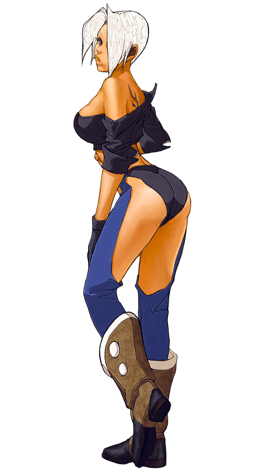 angel_(kof) ass back blue_eyes boots breasts chaps cowboy_boots fingerless_gloves gloves hair_over_one_eye highres jacket large_breasts leather leather_jacket nona off_shoulder official_art short_hair solo tattoo the_king_of_fighters the_king_of_fighters_2002 thighhighs white_hair
