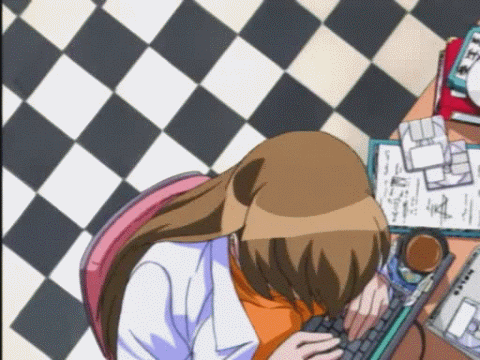 animated animated_gif blouse bouncing_breasts breasts brown_hair computer desk gif glasses keyboard kuribayashi_yayoi labcoat large_breasts lowres mouse_(anime)