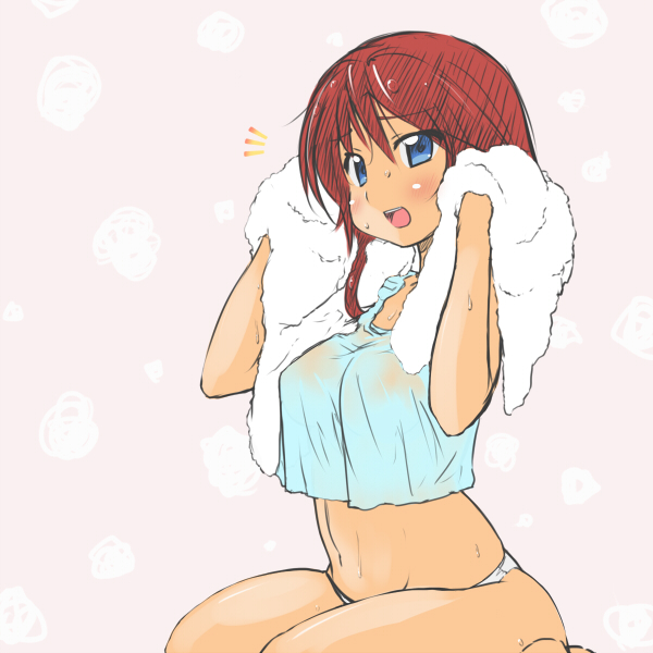 artist_request blush fuuro_(pokemon) gym_leader panties pokemon shirt sitting smile towel underwear wet