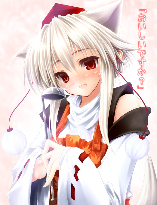 alternate_hairstyle animal_ears bare_shoulders blush detached_sleeves gizensha hat head_tilt inubashiri_momiji ladle long_hair looking_at_viewer red_eyes silver_hair solo tail tokin_hat touhou translated wolf_ears wolf_tail