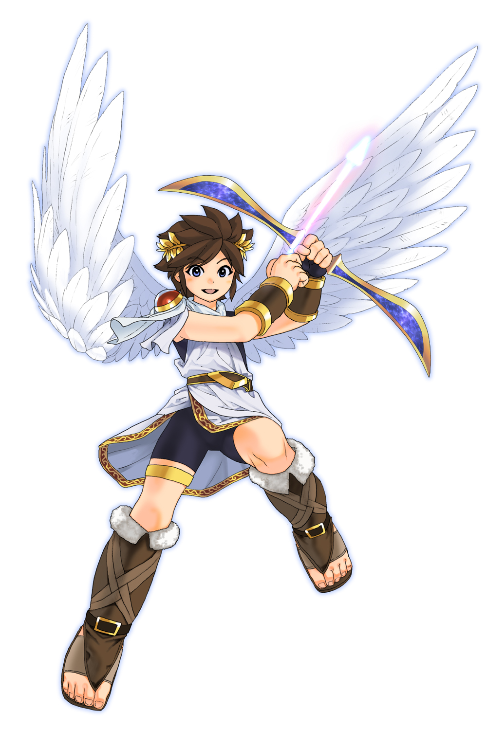 angel_wings arm_guard arm_guards arrow belt bike_shorts blue_eyes boots bow_(weapon) boy brown_hair fingerless_gloves gloves high_boots highres hikari_shinwa:_parutena_no_kagami kid_icarus knee_boots male male_focus nintendo no_background oggy open_mouth pit pit_(kid_icarus) sandals shoulder_guard solo thigh_strap tunic weapon wings wreath