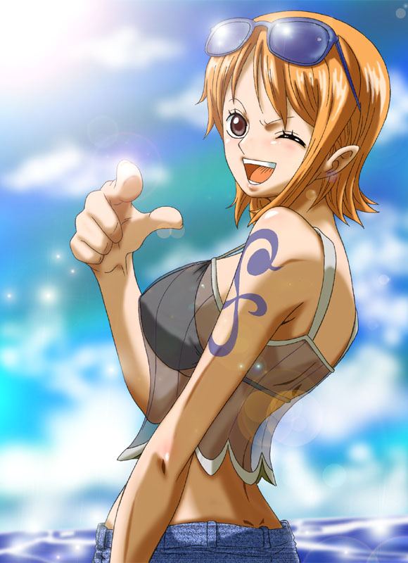 1girl back bare_shoulders bikini bikini_top black_eyes breasts cloud clouds denim happy jeans large_breasts looking_at_viewer midriff nami nami_(one_piece) ocean one_piece open_mouth orange_hair pants pirate pointing see-through short_hair sideboob sky smile solo standing sunglasses sunlight swimsuit tattoo water wink