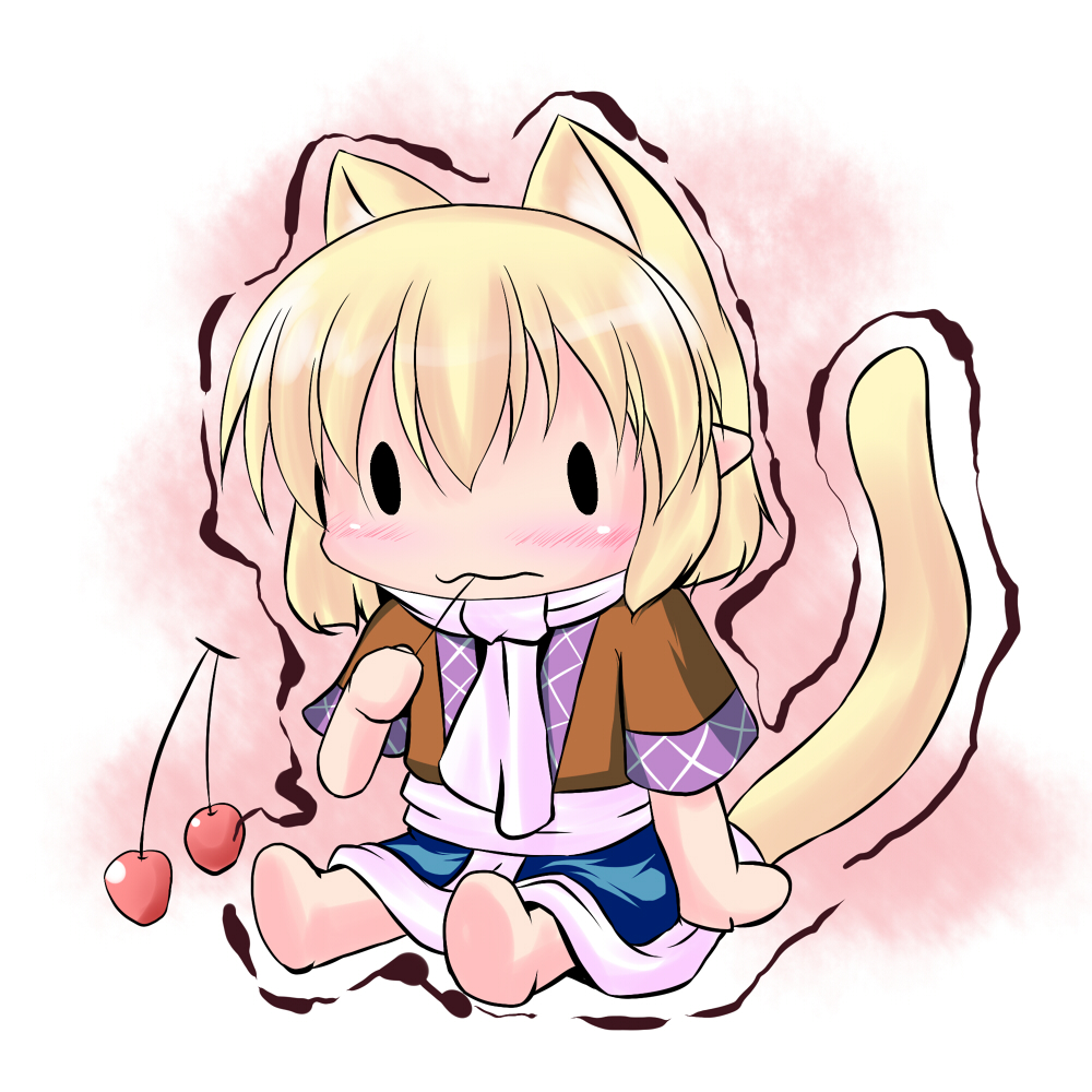 animal_ears blonde_hair cat_ears cat_tail cherry chibi eating extra_ears food fruit holding holding_food holding_fruit hoshizuki_(seigetsu) kemonomimi_mode mizuhashi_parsee puru-see scarf sitting solo tail touhou trembling |_|