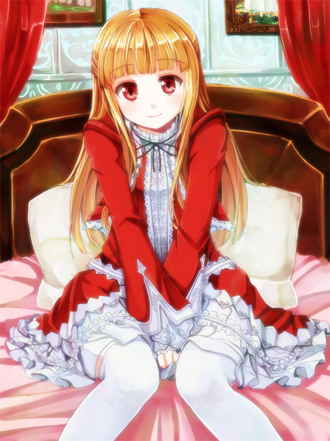 blush brown_hair dress frilled_dress frills hachimoku looking_at_viewer on_bed original pillow rea-sama red_dress red_eyes ribbon sitting smile solo thighhighs white_legwear