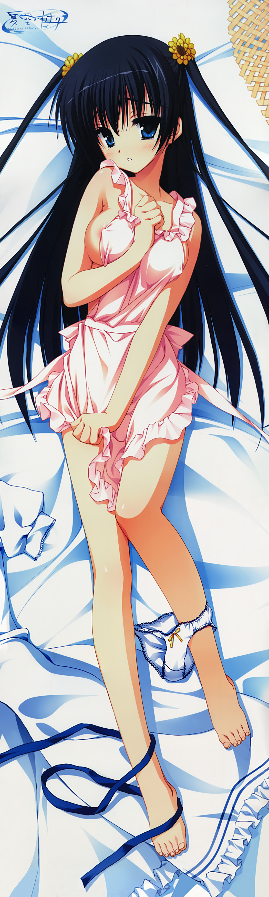 absurdres apron areola_slip areolae bangs bare_legs bare_shoulders barefoot bed_sheet between_breasts black_hair blue_eyes blunt_bangs blush bow bow_panties breasts clothes clothes_on_floor collarbone covered_nipples dakimakura embarrassed feet flower frills full_body hair_flower hair_ornament hand_between_breasts highres kobuichi kousaka_chihaya lace lace-trimmed_panties legs long_hair long_legs looking_at_viewer lying medium_breasts naked_apron natsuzora_kanata non-web_source official_art on_back panties panties_around_one_leg ribbon shy sideboob solo tears twintails underwear white_panties