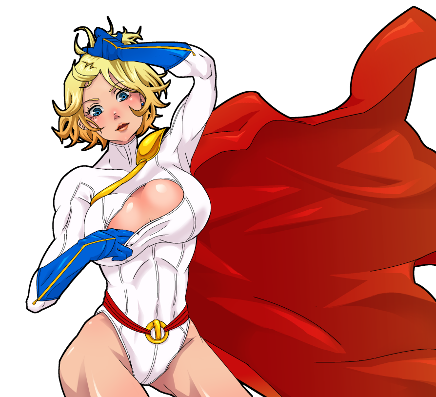 1girl arm_up belt big_breasts blonde_hair blue_eyes blue_gloves bodysuit breasts cape cleavage cleavage_cutout dc_comics female gloves kikisuke_t kryptonian large_breasts power_girl red_cape short_hair solo
