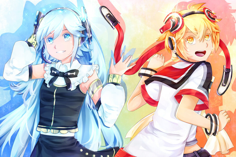 1boy 1girl arm_band arm_warmers armband blue_eyes blue_hair bow bow_tie bowtie boy boy_and_girl bracelet dress excaliburer female girl hand_to_ear headphones headset hibiki_lui jewelry male open_mouth orange_eyes orange_hair ring_suzune sailor_collar short_sleeves smile sparkle suzune_ring vocaloid vocaloid3