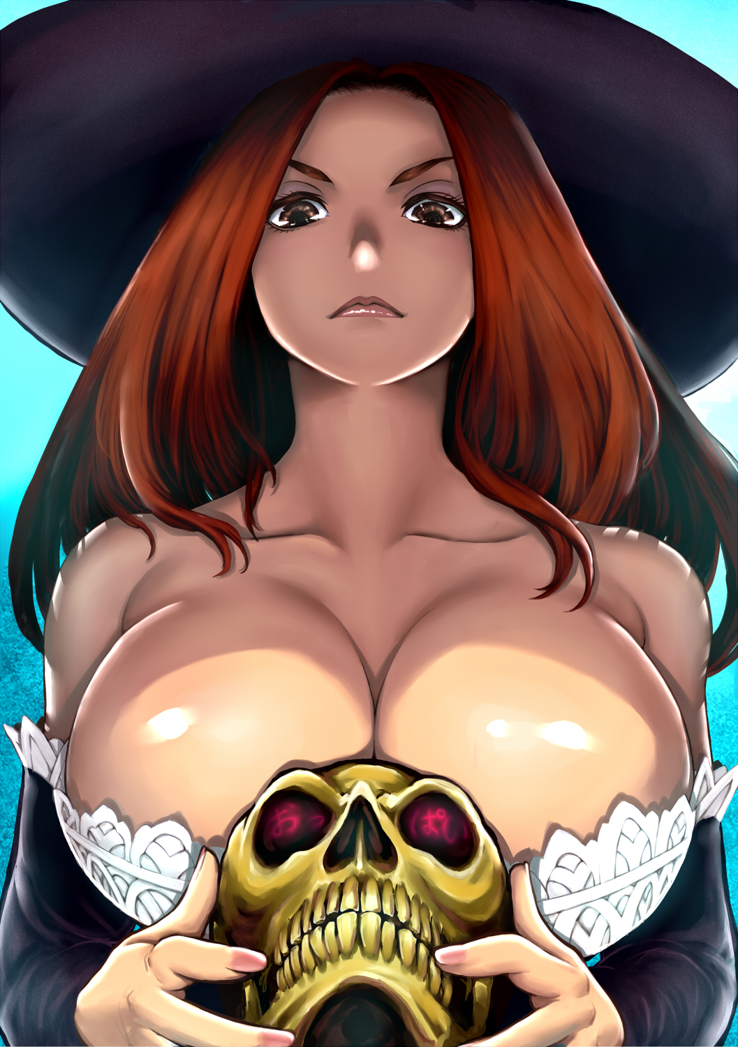 bare_shoulders breasts brown_hair cleavage collarbone detached_sleeves dragon's_crown dress hat highres huge_breasts long_hair looking_down skull solo sorceress_(dragon's_crown) strapless strapless_dress translated twinpoo witch_hat