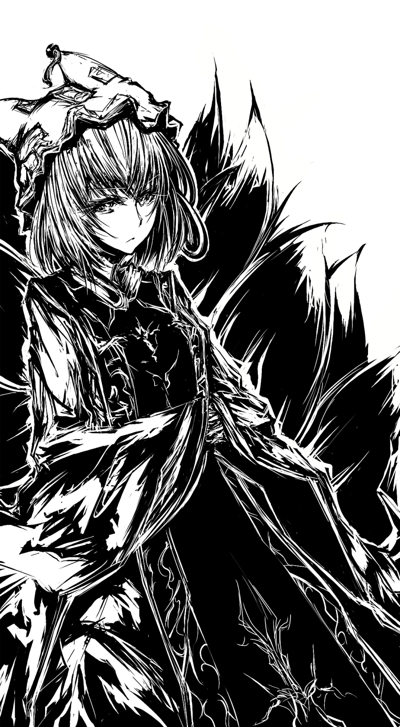 acryl bad_id bad_pixiv_id fox_tail greyscale hands_in_opposite_sleeves hat highres monochrome multiple_tails ofuda simple_background solo tail touhou yakumo_ran