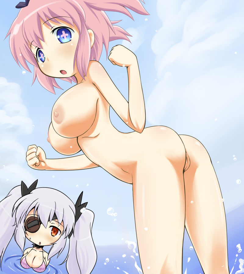 2girls artist_request ass bikini_top blush breasts character_request cleavage eyepatch hibari_(senran_kagura) huge_breasts multiple_girls nipples nude pink_hair pussy red_eyes senran_kagura senran_kagura_(series) short_hair uncensored water white_hair yagyuu_(senran_kagura)