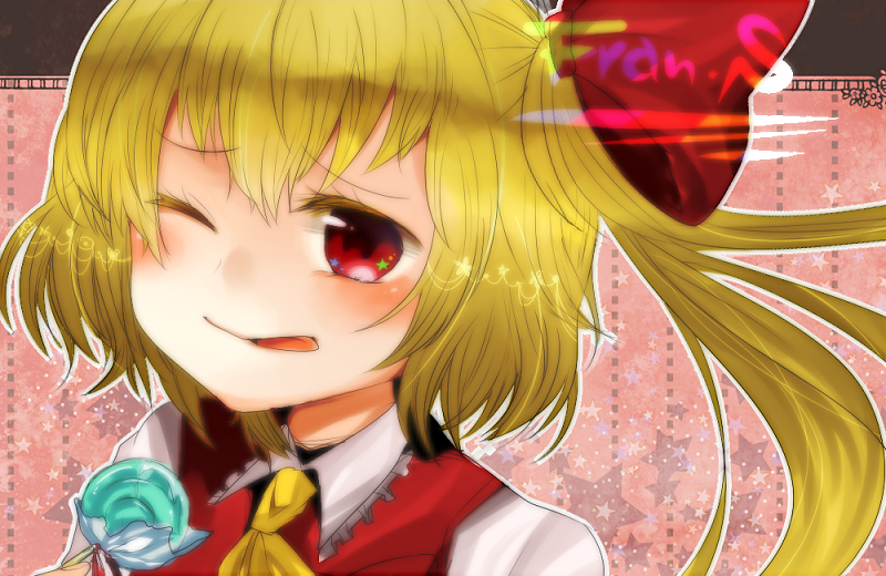 ;q bad_id bad_pixiv_id blonde_hair candy flandre_scarlet food lollipop no_hat no_headwear one_eye_closed red_eyes short_hair solo star tongue tongue_out touhou yomeyomekun