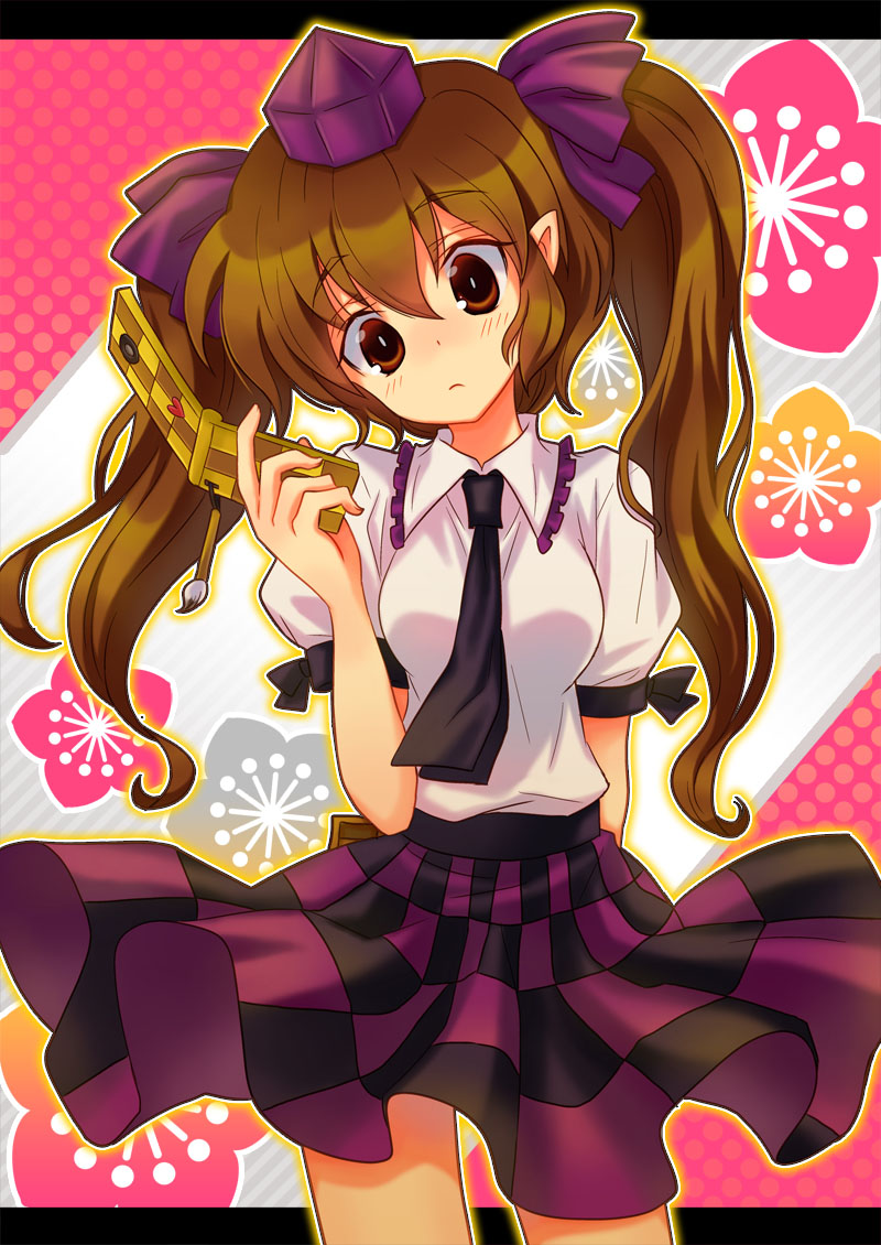 blush breasts brown_eyes brown_hair cellphone checkered checkered_skirt girotin_ginza hat himekaidou_hatate long_hair medium_breasts necktie phone pointy_ears skirt solo tokin_hat touhou twintails