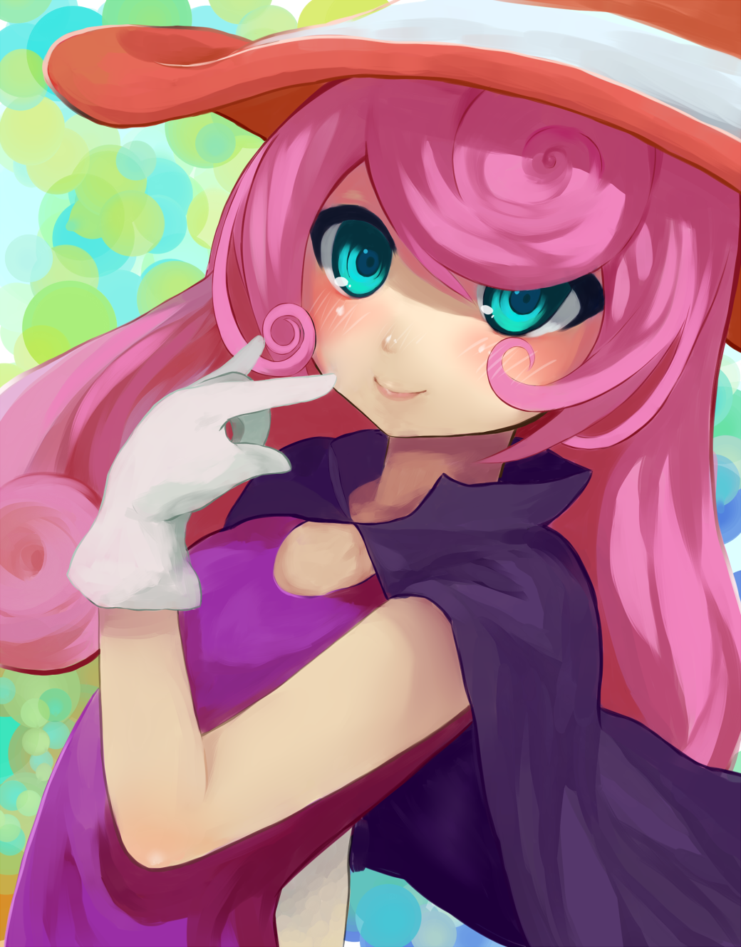 androgynous blue_eyes blush boy cape curly_hair gloves hat highres long_hair male mario_(series) nintendo paper_mario paper_mario_rpg personification pink_hair smile solo striped super_mario_bros. trap vivian white_gloves witch witch_hat