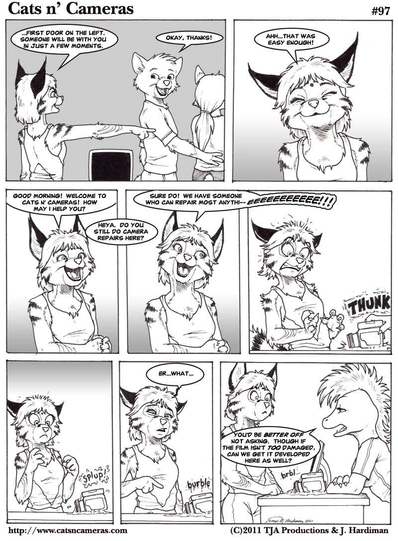 anthro bella black_and_white camera cat cats_n'_cameras cats_n'_cameras comic desiree dialog dialogue english_text feline female greyscale group james_m_hardiman lizard lynx male mammal monochrome pussy_juice reptile scalie text