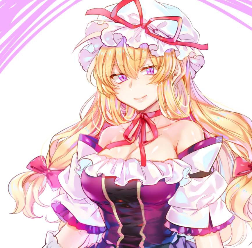1girl bangs bare_shoulders blonde_hair bow breasts choker cleavage closed_mouth collarbone detached_sleeves dress frills hair_between_eyes hair_bow hat hat_ribbon here_(artist) large_breasts long_hair looking_at_viewer mob_cap purple_dress purple_eyes red_bow red_ribbon ribbon ribbon_choker smile solo touhou upper_body white_background white_hat yakumo_yukari