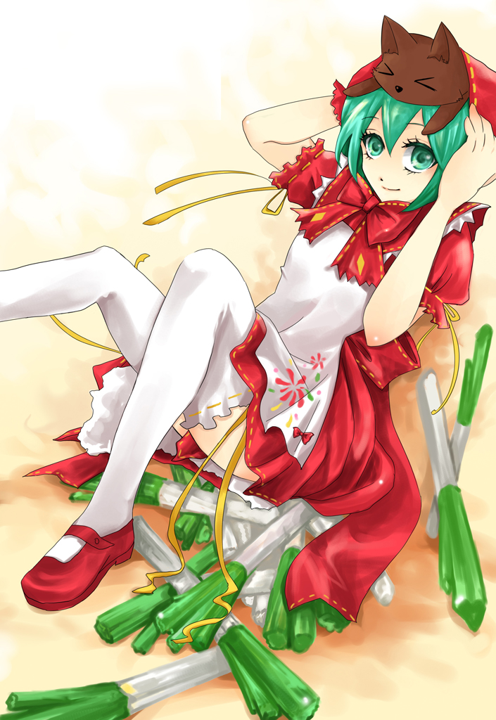 bow bowtie cosplay dress green_eyes green_hair grimm's_fairy_tales hatsune_miku little_red_riding_hood little_red_riding_hood_(grimm) little_red_riding_hood_(grimm)_(cosplay) mary_janes mikuzukin_(module) project_diva_(series) project_diva_2nd shoes sitting solo spring_onion thighhighs vocaloid yingson