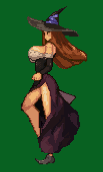 breasts brown_hair dragon's_crown dress hat large_breasts long_hair lowres pixel_art side_slit solo sorceress_(dragon's_crown) strapless strapless_dress witch_hat