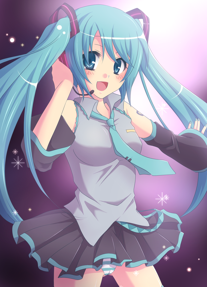aqua_eyes aqua_hair bad_id bad_pixiv_id bare_shoulders breasts detached_sleeves hatsune_miku headset long_hair medium_breasts miki_souya necktie open_mouth panties pantyshot pleated_skirt skirt smile solo striped striped_panties twintails underwear vocaloid