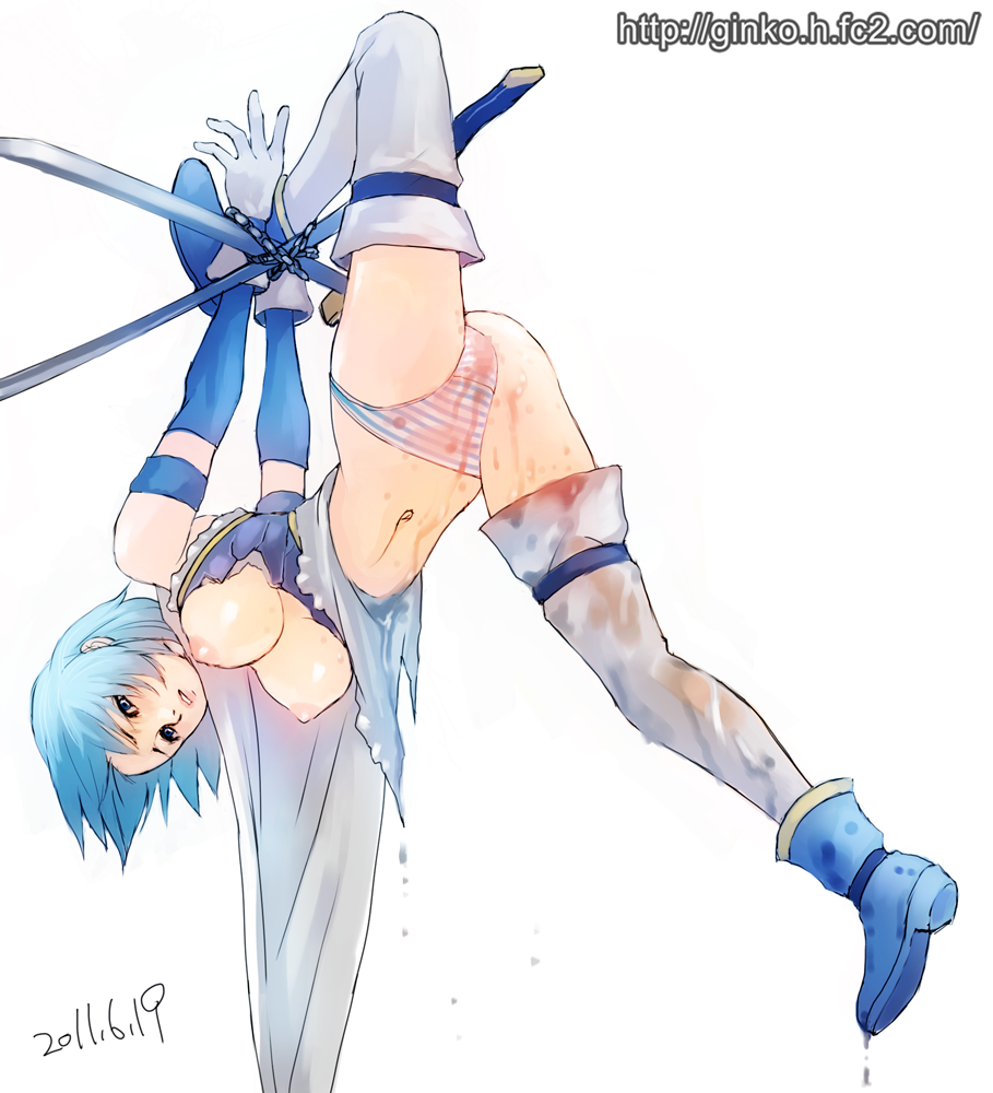 bad_id bad_pixiv_id bdsm blue_eyes blue_hair blush bondage boots bound bound_leg bound_wrists breasts cape censored chain dripping ginko_(silver_fox) large_breasts leg_up magical_girl mahou_shoujo_madoka_magica miki_sayaka navel nipples no_pants panties pee peeing short_hair solo striped striped_panties sword thighhighs torn_clothes underwear upside-down watermark weapon web_address wet white_legwear
