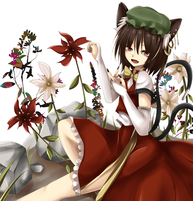 animal_ears bad_id bad_pixiv_id bridal_gauntlets brown_hair cat_ears cat_tail chen earrings elbow_gloves fang flower gloves hat jewelry kyowosuke multiple_tails neck_ribbon nekomata open_mouth paw_pose red_eyes ribbon shirt short_hair side_slit sitting skirt skirt_set smile solo stone tail touhou white_gloves