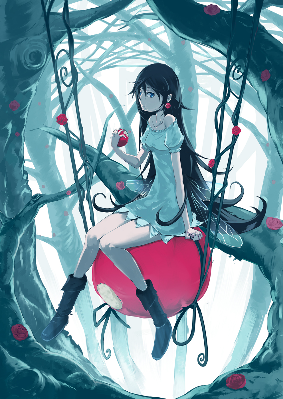 apple black_hair blue_eyes boots branch collarbone dress earrings eating fairy fairy_wings flower food fruit highres holding jewelry legs long_hair looking_at_viewer off_shoulder original plant pointy_ears puffy_sleeves rca red_flower red_rose rose short_sleeves sitting solo tree vines wings