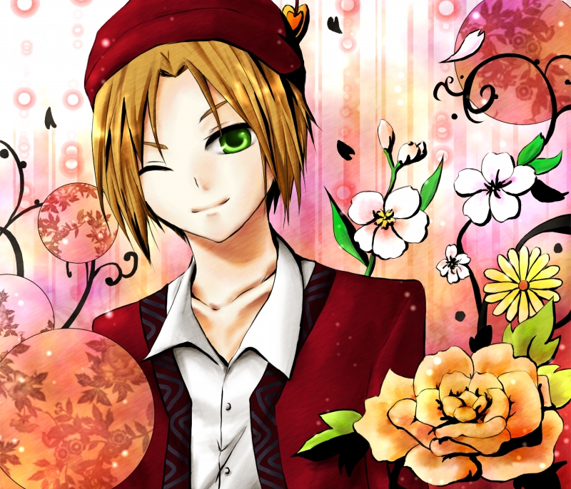 blonde_hair boy dirka flower green_eyes harvest_moon harvest_moon:_the_tale_of_two_towns harvest_moon_twin_villages hat jacket light_smile male male_focus petals shirt white_shirt wink